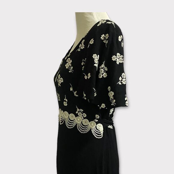Vintage 90’s Black Embroidered Floral Padded Sleeved Casual Evening Maxi Dress - Picture 7 of 9